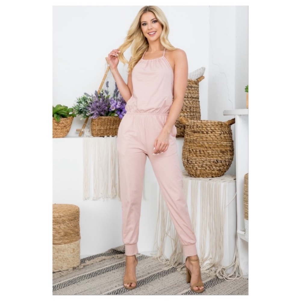 New Adorable Blush Halter Style Jumpsuit - Picture 6 of 8